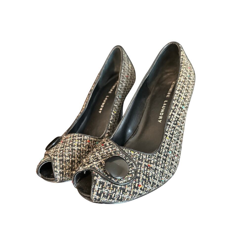 Chinese Laundry Women's Gray Cutie Open Toe Tweed Button Pump Heels Size 10
